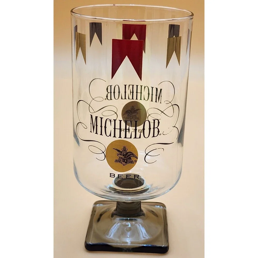 Set Of Six (6) Vintage Michelob Beer Glasses Square Footed Stem Base